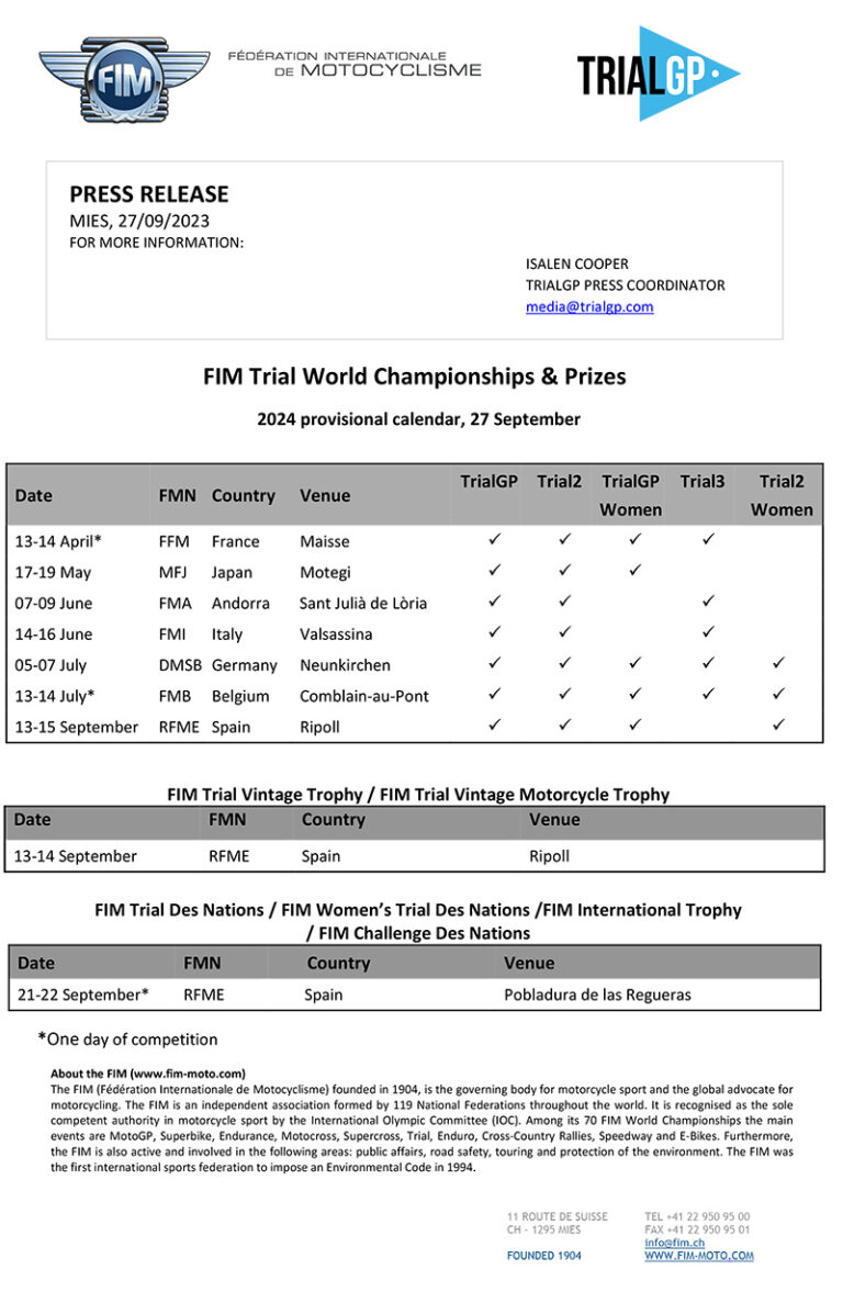 Provisional 2024 Hertz FIM Trial World Championship calendar released